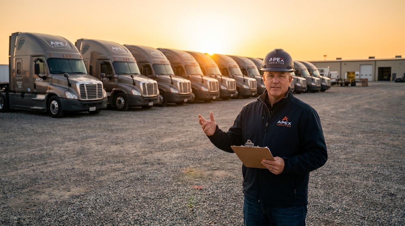 Fleet director standing with semi-trucks at a carrier yard