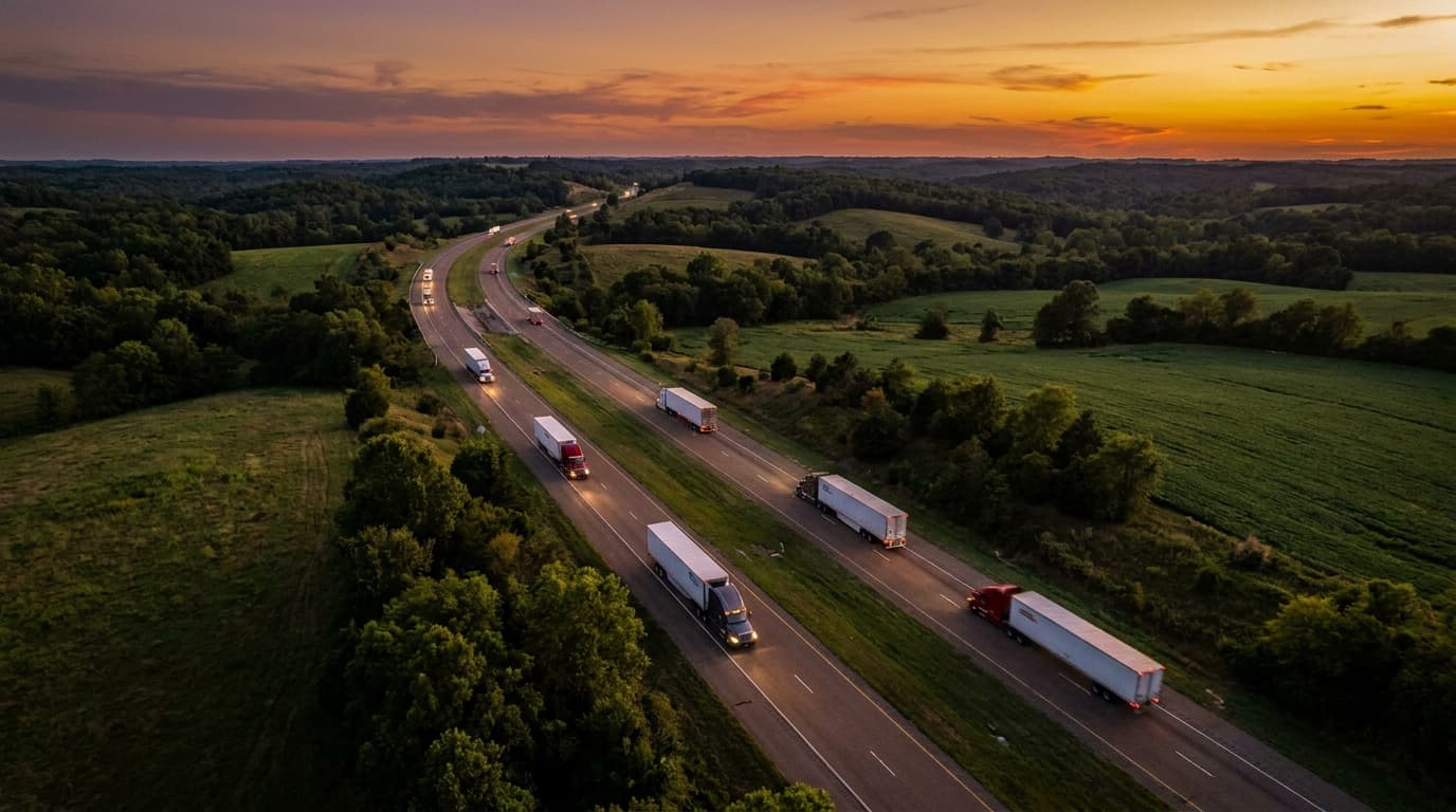 Semi-trucks on a Southeast highway at dusk